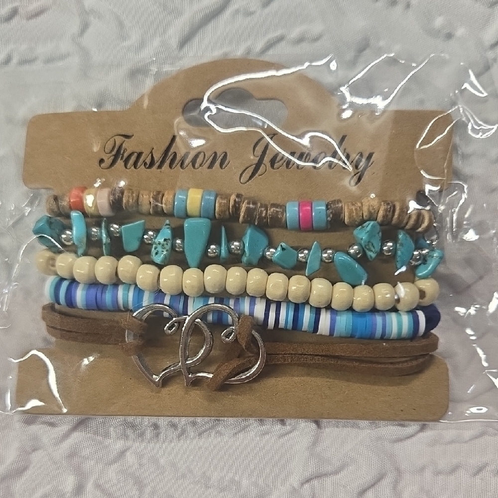 Coastal Surfer Stlye Bracelet Set with Heart Accent Corded